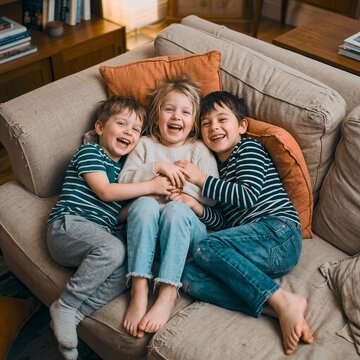 Close up of three siblings laughing together on a plush couch in a warm living room