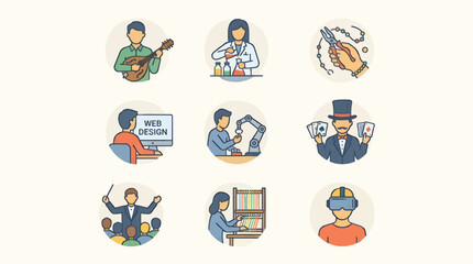 Fototapeta premium Flat Illustration Icon Sheet of Diverse Professions and Hobbies, Featuring Music, Science, Crafting, Web Design, Engineering, Magic, Conducting, Weaving, and VR