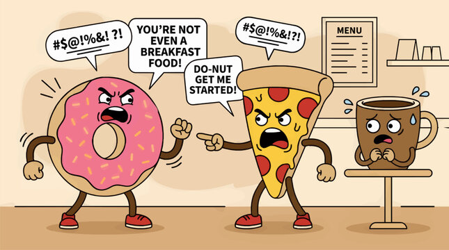 Anthropomorphic Donut and Pizza Slice Arguing with Scared Coffee Cup in Cafe, Flat Vector Illustration with Speech Bubbles, Funny Food Conflict Scene