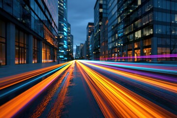 Naklejka premium Luminous traffic trails in modern city at night with glass office towers and neon reflections
