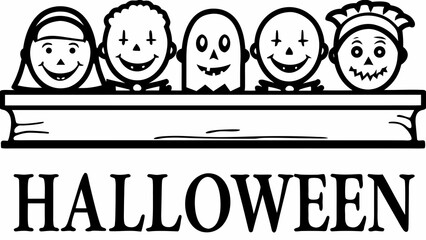 Naklejka premium Halloween character line art illustration with a banner black and white outline design characters line art black and white