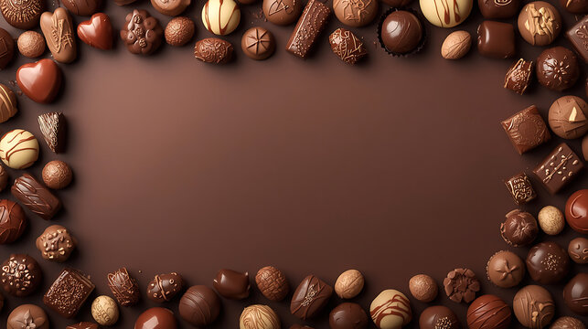 Top view frame border of assorted delicious chocolate truffles on brown background with flat lay chocolate truffles assortment background confectionery decoration delicious selection