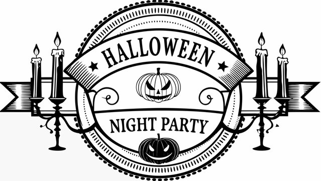 Vintage halloween night party badge illustration with carved pumpkins and ornate candle holders black on white