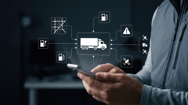 Logistics operator using smartphone to monitor truck fleet locations and charging data on digital dashboard, smart mobility, supply Technology modern technology business concept