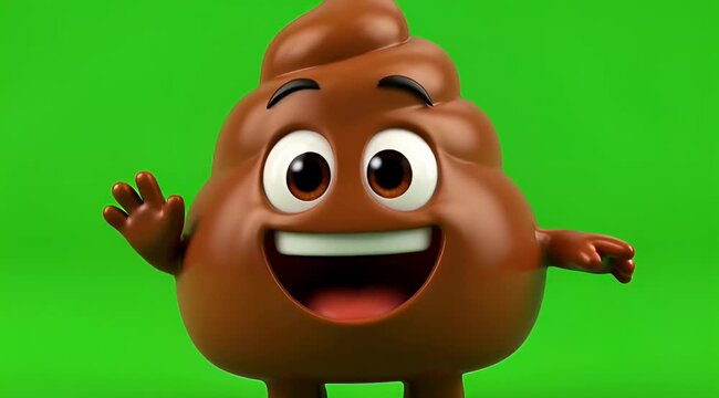 Happy animated poop character waving on green screen