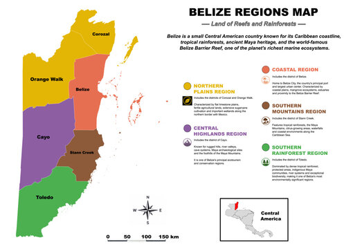 Belize Regions Map &ndash; Administrative Districts and Geographic Regions, Educational Vector Map of Central America