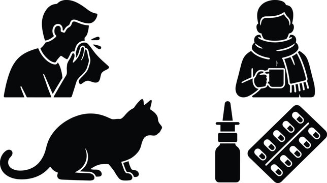 Allergy symptoms glyph icons vector set with solid silhouette black sneezing person cat and medicine symbols