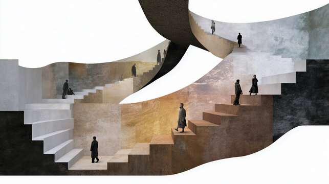Surreal image of multiple staircases with small human figures ascending and descending, creating an infinite, paradoxical architectural labyrinth.
