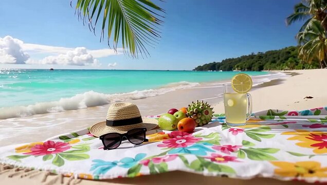 Summer tropical beach paradise with white sand, turquoise ocean, refreshing drink, exotic fruits, hat, and sunglasses