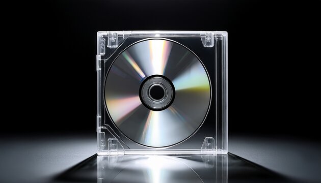 minimalist transparent cd case with reflective compact disc isolated on black background studio lighting