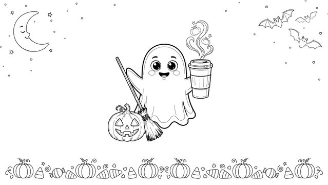 Cute ghost holding a coffee cup with a pumpkin and broomstick isolated on a transparent background