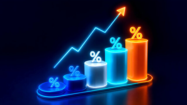 "A symbolic display of interest and mortgage rates, with wooden blocks showing a percentage sign and upward arrow, highlighting business growth, taxation, real estate, and inflation in the modern econ
