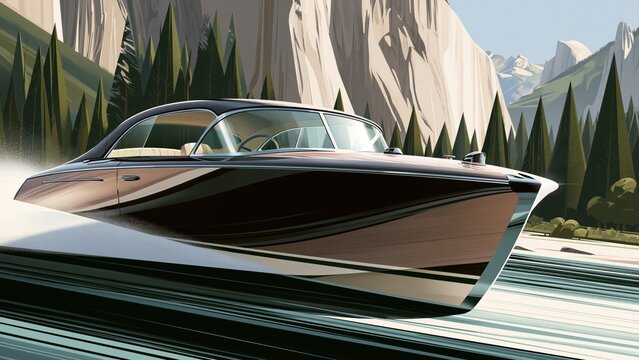 Vintage wooden speedboat races across calm blue water.