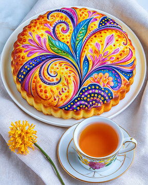 Decorated Mooncake and Tea Still Life on Linen Cloth