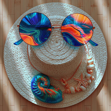 Straw Hat with Colorful Sunglasses and Shell Necklace Flat Lay