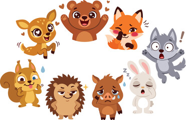 Fototapeta premium Cute Forest Animal Emotion Vector Set with Bear, Fox, Wolf, Deer, Squirrel, Boar, Rabbit, and Hedgehog Expression Illustrations