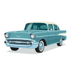 Fototapeta premium Classic Teal and White Sedan Automobile, Vintage Car, Retro Style