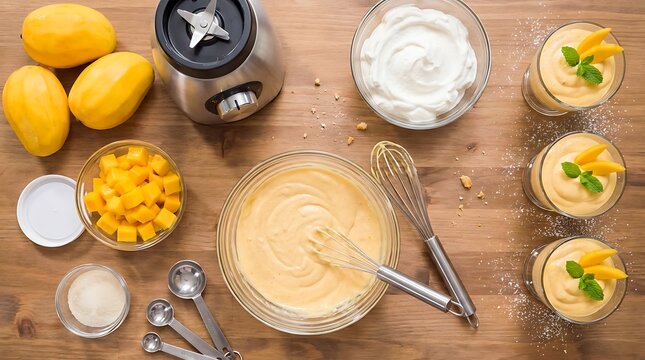 Fresh mango smoothie preparation with sliced fruit and ingredients on a wooden kitchen table. Mango Mousse Recipe