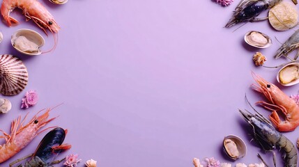 Obraz premium A pastel lavender background with seafood arranged in a soft circular pattern leaving the middle clear