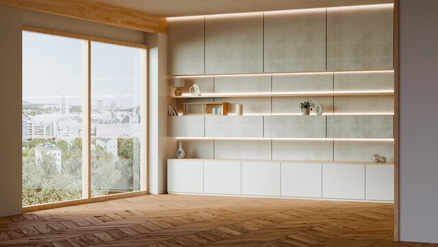 Contemporary empty living room interior background with built-in wooden shelves, LED lighting, herringbone floor, and large window overlooking city- 3D rendering