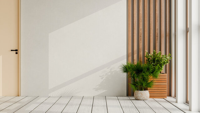 Modern empty room interior background with blank white wall for mockup, wooden slats, indoor plant, and sunlight shadows- 3D rendering