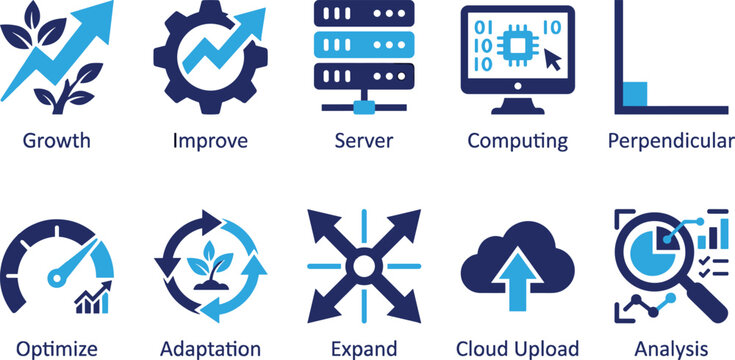 Collection of business and technology icons including growth improvement server computing and analysis tools.