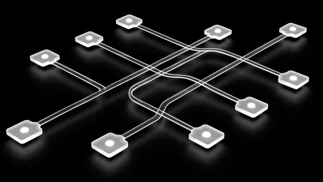 Glowing fiber optic paths connect bright square network nodes.