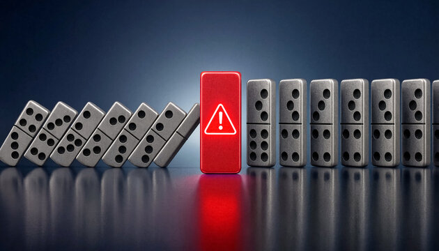 Dominoes standing in a row halted by a red block featuring a hazard warning symbol to illustrate risk management and the prevention of catastrophic failure in professional business or industrial.