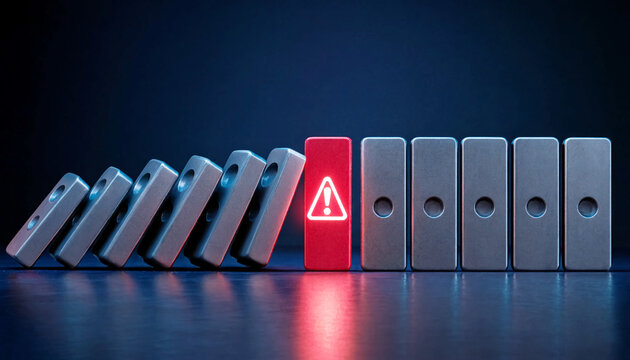 Dominoes falling in a row are halted by a single red piece with a warning icon to visualize risk management and the prevention of catastrophic failure in professional systems and corporate settings.