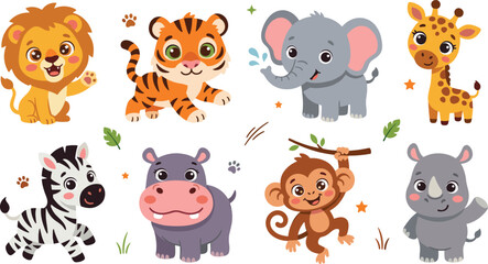 Obraz premium Cute Wild Animal Vector Set with Lion, Tiger, Elephant, Giraffe, Zebra, Hippo, Monkey, and Rhino Safari Illustrations