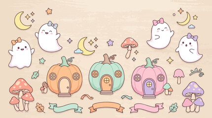 Obraz premium Colorful cartoon ghost characters playing.