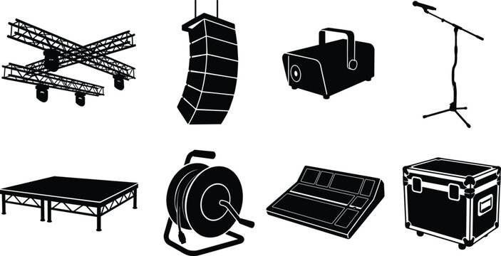 Stage Production Equipment Black Silhouette Icon Set with Lighting Audio and Event Gear
