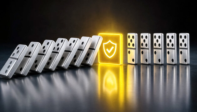Dominoes positioned on a reflective surface illustrate the halting of a chain reaction by a glowing shield symbol representing robust protection, cybersecurity, and strong insurance policies for.