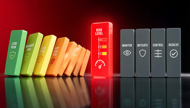 Dominoes falling toward a glowing red block labeled risk level show the potential impact of unchecked hazards within a structured corporate environment focused on stability, mitigation, and safety.