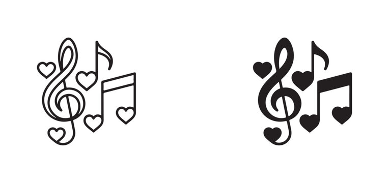 Music notes and hearts symbols for love song melody and harmony design elements isolated on white background