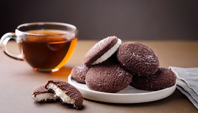 chocolate coconut cream cookies with cup of tea