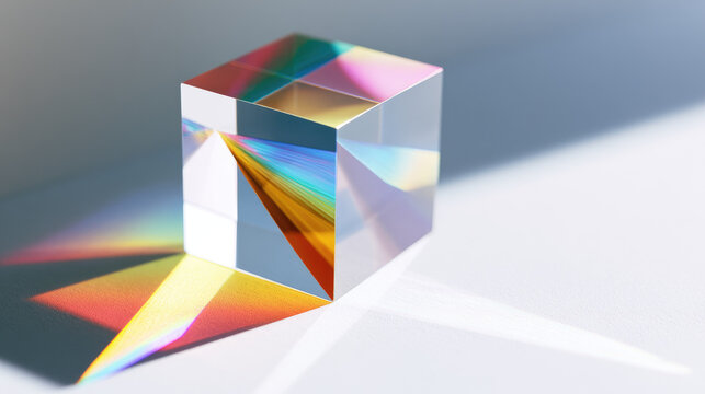 Glass prism cube rainbow light spectrum beam sunlight reflection white background transparent cube optical refraction minimalist scene colorful shadow clear glass prism object light dispersion