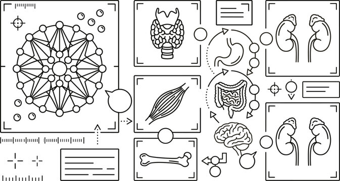 Endocrine system hormone pathway vector interface set with thyroid gland kidneys adrenal glands brain muscle and bone icons for medical infographics