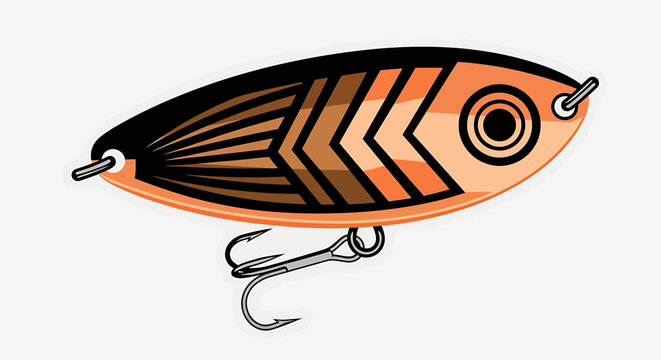 Detailed orange fishing lure with hooks.