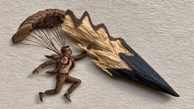 Businessman with parachute falls near giant shattered wooden pencil.