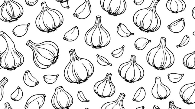 Hand drawn garlic bulbs and cloves pattern design.