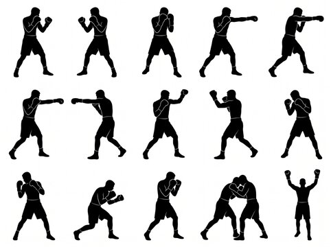Professional Boxer Full Body Silhouette Set with 15 Boxing Fighting Poses Vector Collection