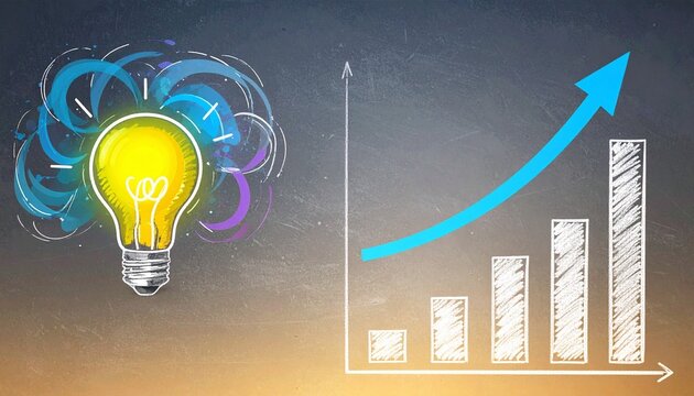 Glowing light bulb with swirls beside rising chalk graph