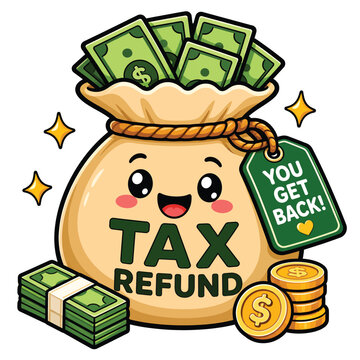 Tax Refund Money Bag Kawaii Cartoon Sticker for Finance Personal Tax and Money Design