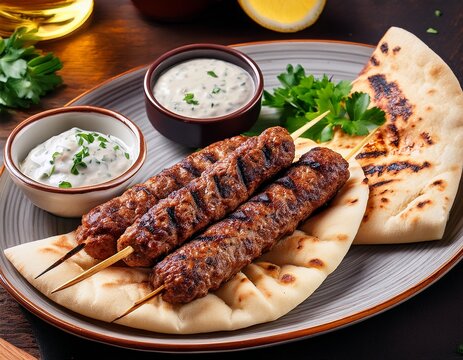 grilled lula kebab with pita bread and dipping sauce