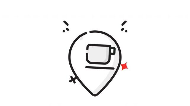 Design of black and white coffee cup icon location pin symbol for web and app designs, suitable for cafes.