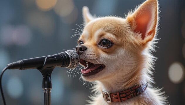 Adorable chihuahua dog passionately performing into a microphone with focus on its vocal expression