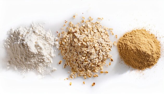 pile of oat flakes with crumbs and flour isolated on white background in top view