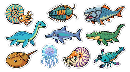 Obraz premium Cute Prehistoric Sea Creatures Sticker Set on White Background