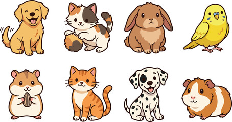 Fototapeta premium Set of cute cartoon domestic pets and animals for children design projects